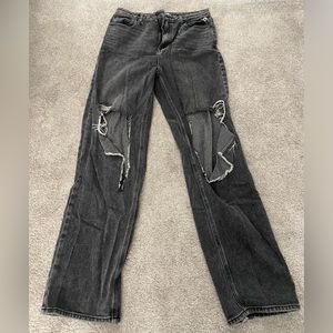 Black denim distressed jeans straight leg